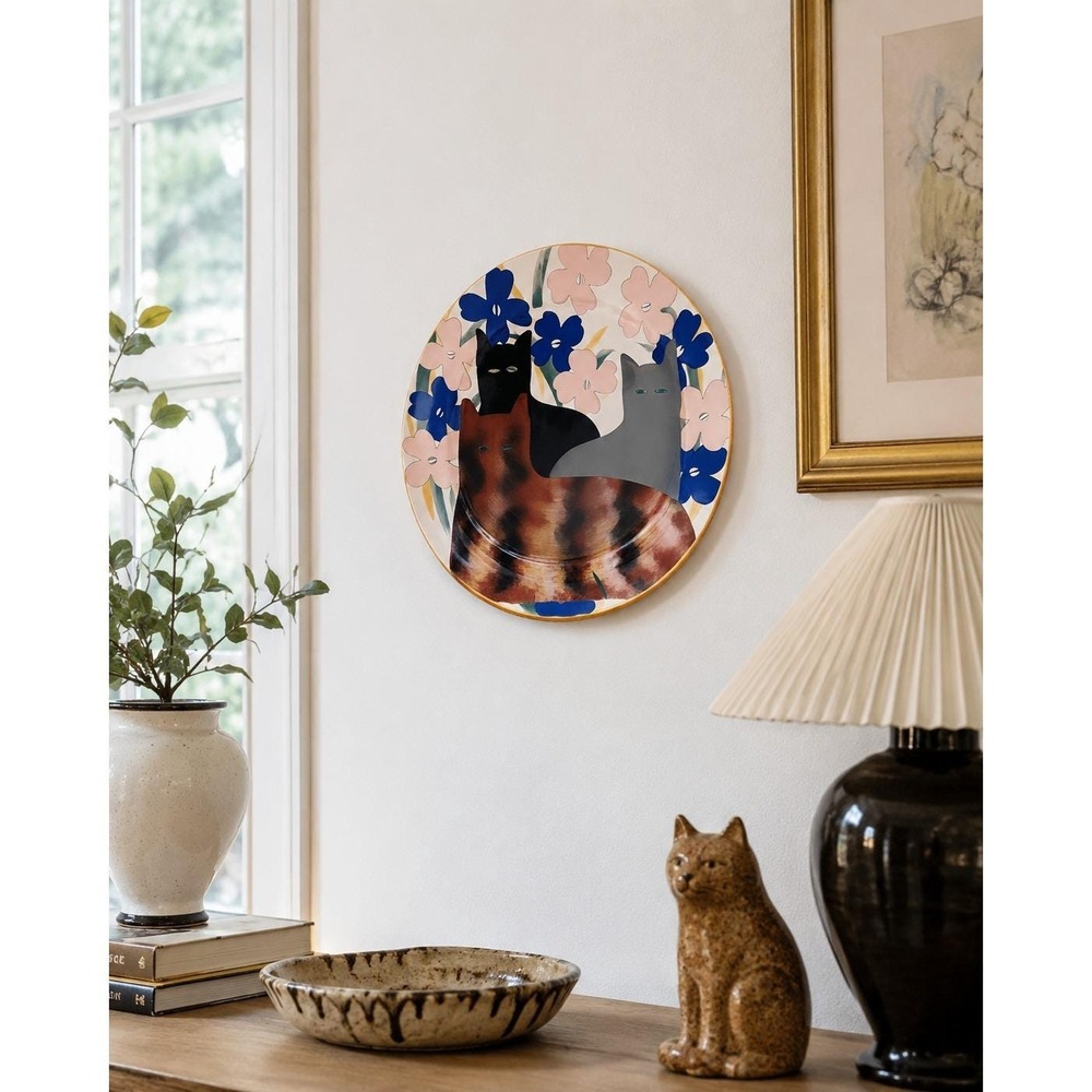 Vintage 1990s Art Pottery 3 Cats Plate Floral Decorative Ceramic Wall Decor 10"